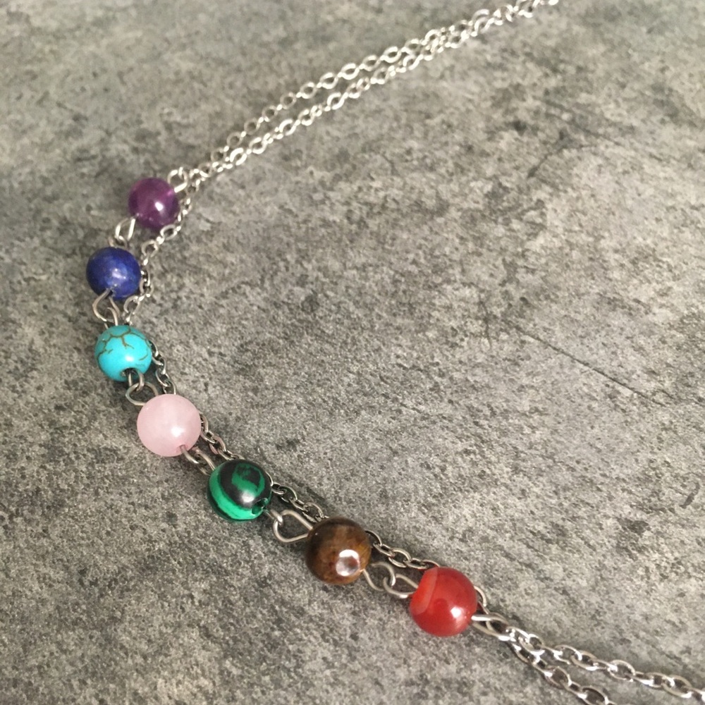 7 Chakra Anklet w/Natural Stones - Stainless Steel - Picture 7 of 8